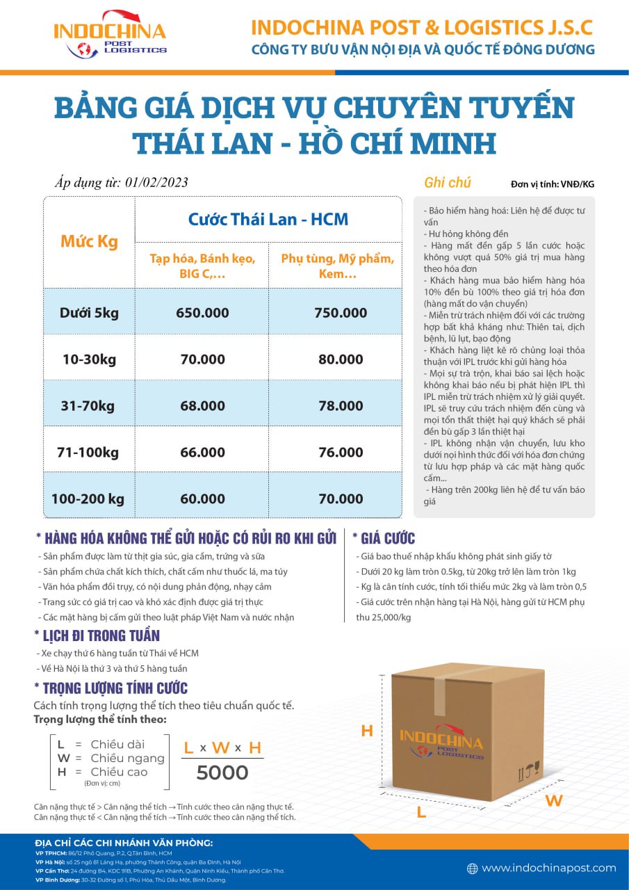 Bảng giá cước gửi hạt điều đi Thái Lan